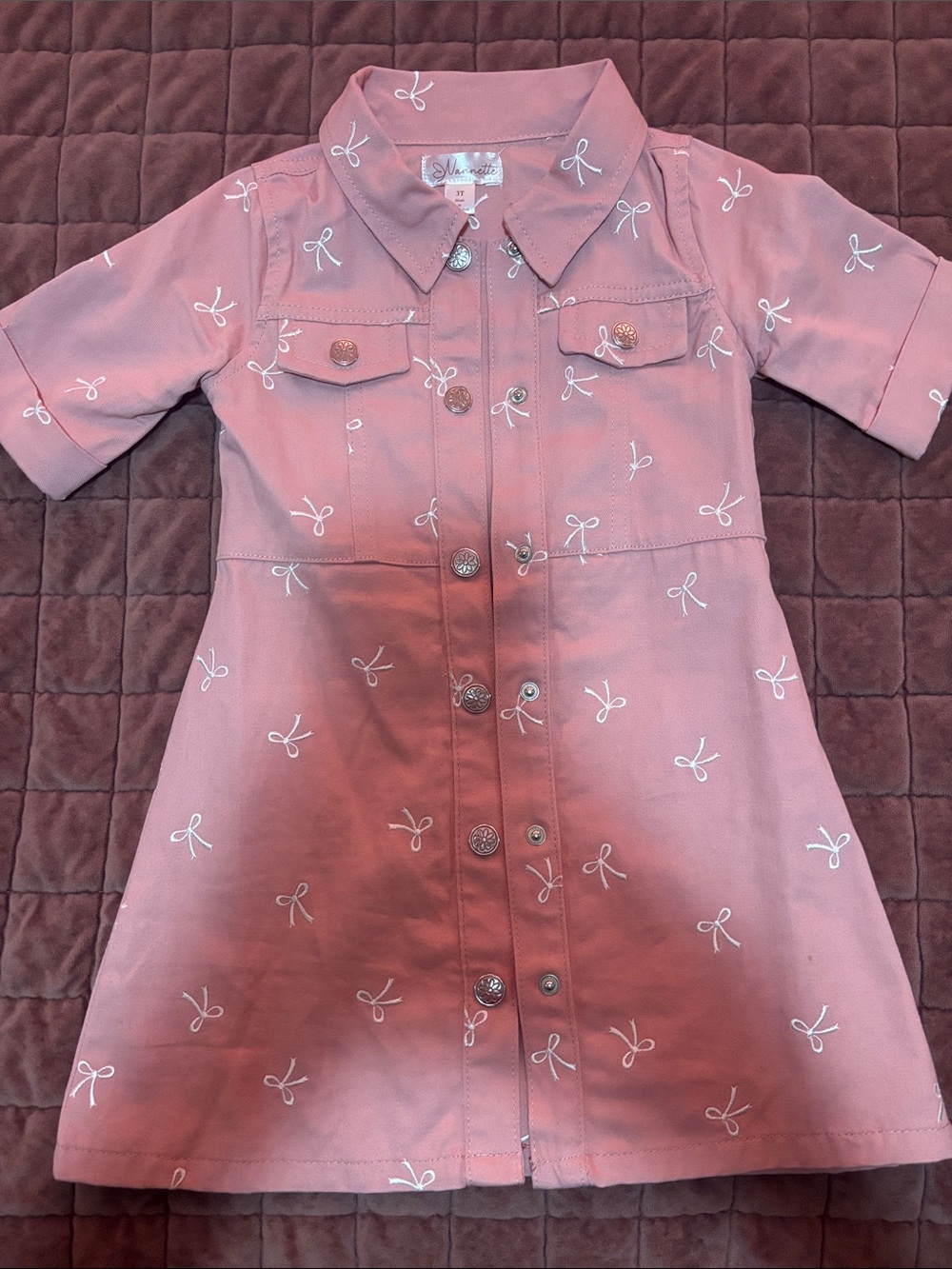 Pink Button-Front Bow Print Dress